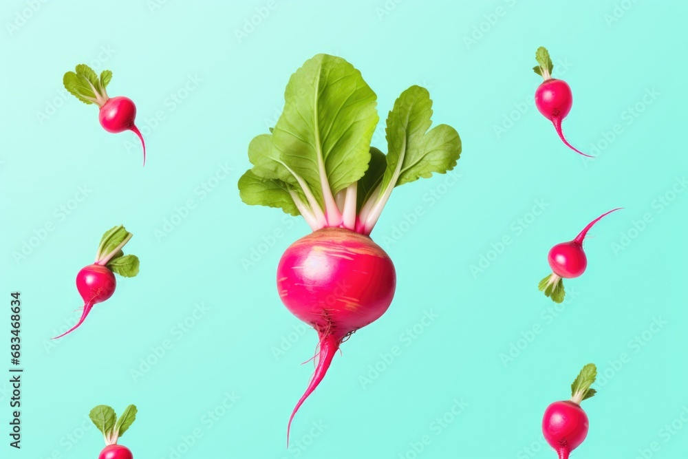 Poster a captivating image capturing a bunch of radishes suspended in mid-air.