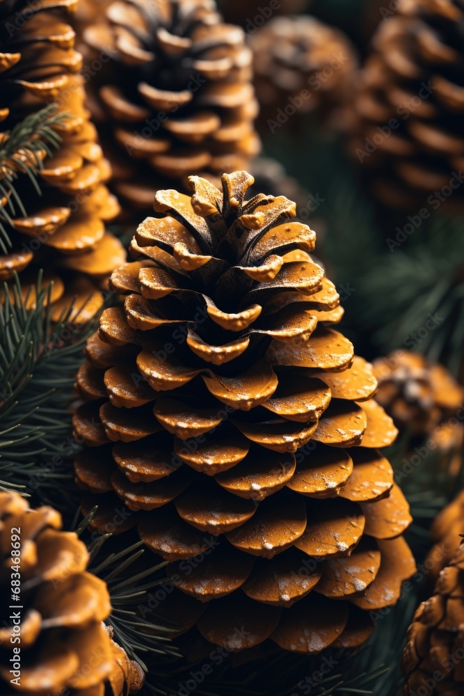 Poster A group of pine cones sitting on top of a pine tree. This image can be used to showcase the beauty of nature and the cycle of tree growth.