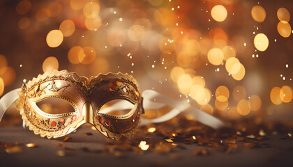 A banner featuring Venetian carnival celebration masks, set against a backdrop of soft, defocused bokeh lights, creating a captivating and festive ambiance