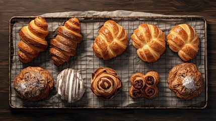 Fototapeta premium a bunch of different types of pastries on a wire rack on a wooden table with a piece of paper.