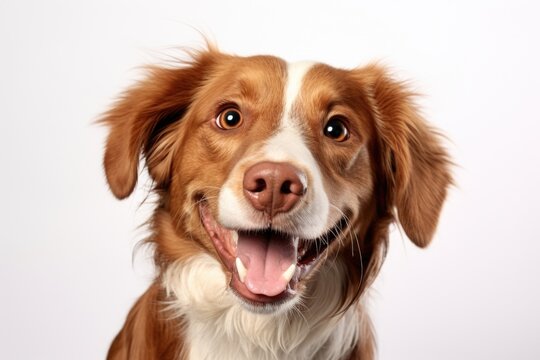 A picture of a brown and white dog with its mouth open. This image can be used to depict excitement, playfulness, or anticipation.