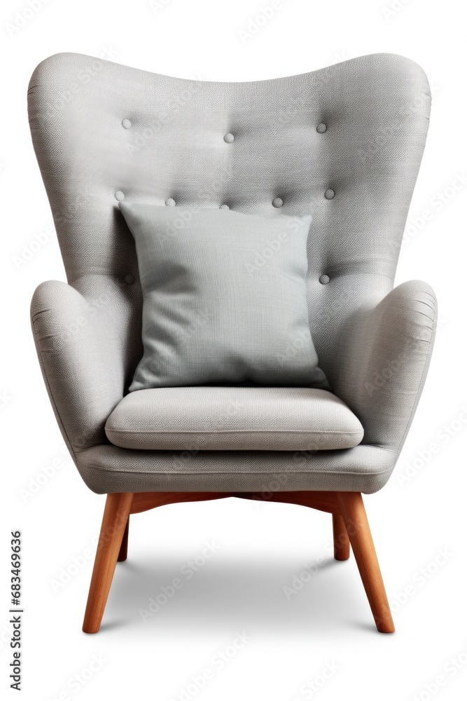 Poster A simple and comfortable grey chair with a soft pillow on top. This versatile image can be used to showcase modern interior design, create a cozy atmosphere, or illustrate relaxation and comfort.