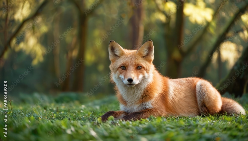 Poster  a close up of a fox laying in a field of grass with trees in the back ground and grass in the foreground.