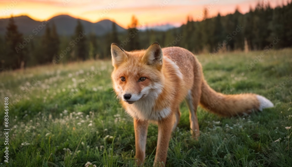 Poster a close up of a fox in a field of grass with trees in the background and a sky in the background.