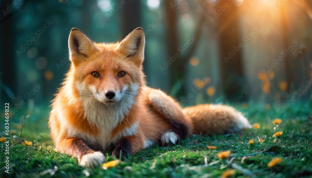 Poster a close up of a fox laying in a field of grass with the sun shining through the trees behind it.
