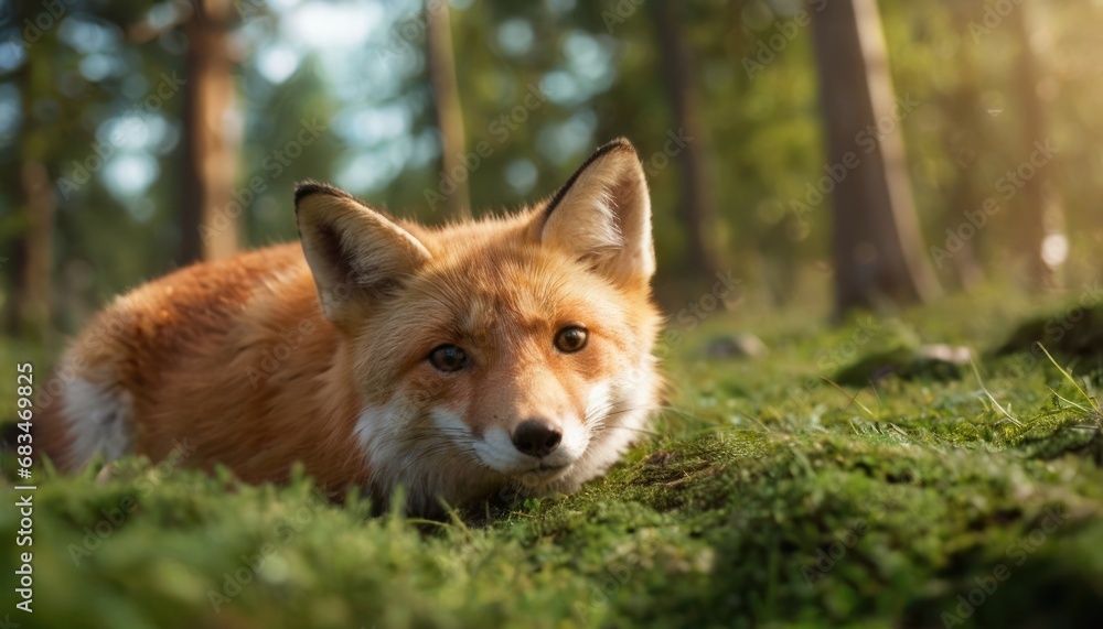 Poster  a close up of a fox laying in a field of grass with trees in the background and sunlight shining through the trees.