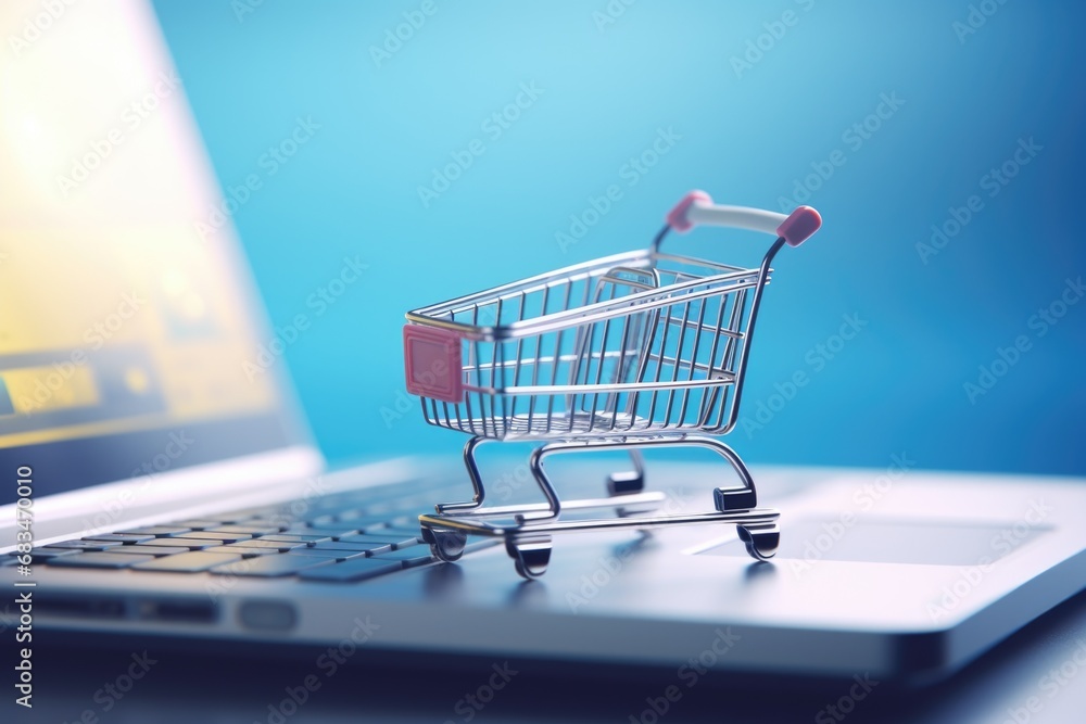 Aufkleber a small shopping cart is placed on top of a laptop. this image can be used to represent online shopp