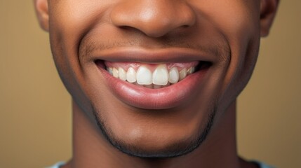 A man stands in front of a neutral studio background, his happy expression highlighted by a perfect set of white teeth.
