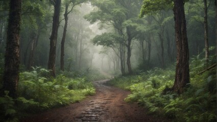 Fototapeta na wymiar a path in forest with fog