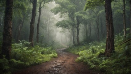 a path in forest with fog