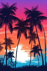 Fototapeta premium A vibrant and picturesque sunset with palm trees in the foreground. Perfect for adding a tropical touch to any project or design