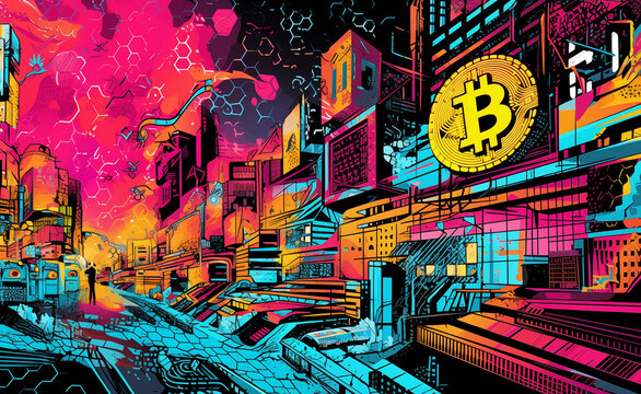 World of blockchain and cryptocurrencies. Visually captivating Pop Art-inspired illustration that dynamically represents the world cryptocurrencies. Bitcoin and Ethereum.