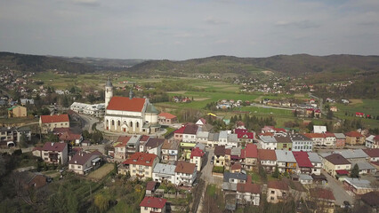 Frysztak, Poland - 9 9 2018: Photograph of the old part of a small town from a bird's flight. Aerial photography by drone or quadrocopter. Advertise tourist places in Europe. Planning