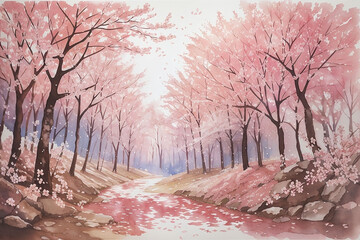 Forest backgrounds, A vibrant cherry blossom forest in full bloom, with petals gently falling in the breeze AI-Generative