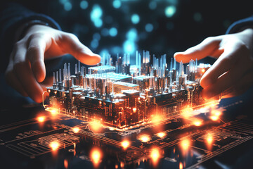2024 businessman hands with digital circuits and city elements, contemporary metallurgy, neo-classicist symmetry, luminous reflections, business finance technology and investment concept - obrazy, fototapety, plakaty