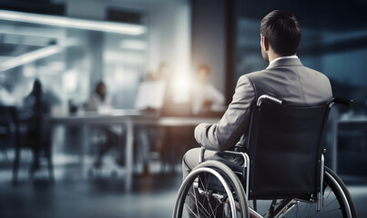 Businessman in Wheelchair Office Building. Promoting Tolerance, Acceptance, and Inclusive Employment