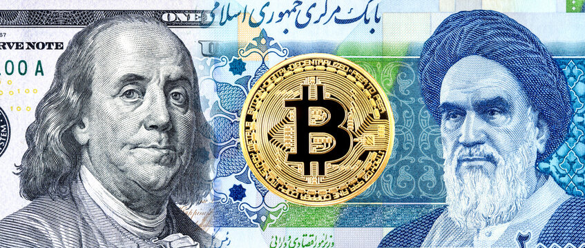Bitcoin and portraits of Franklin on banknote american dollars and Ayatollah Khomeini on Iranian rials