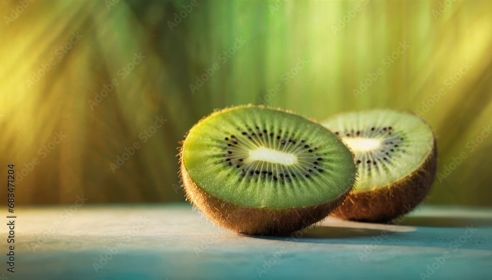 Poster a sliced kiwi sitting on top of a table next to a slice of kiwi on top of a table.