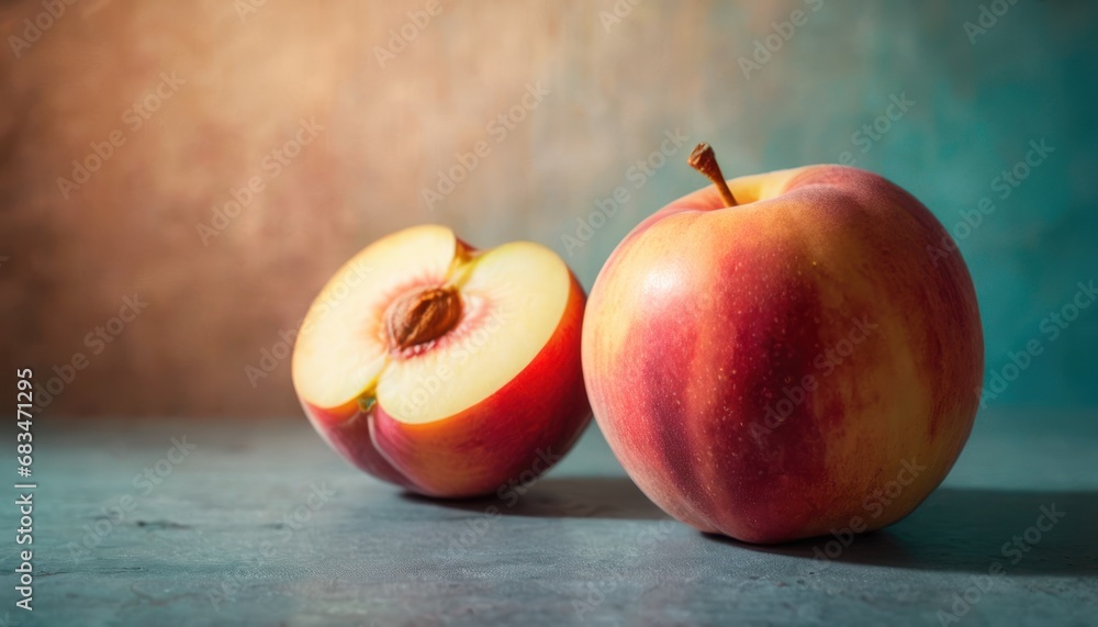 Poster a close up of two apples with one cut in half and the other half with a bite taken out of it.