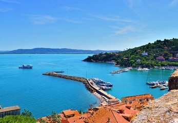 panorama from above of Porto Santo Stefano on the coast of Monte Argentario in Grosseto, Tuscany,...