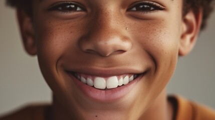 Fototapeta premium Teenager radiates joy, revealing perfect white teeth in the studio.