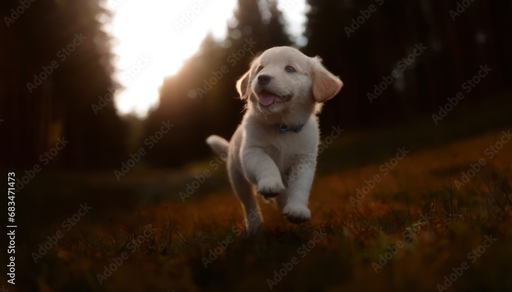Poster a white puppy running in a field with trees in the background and the sun shining through the trees 