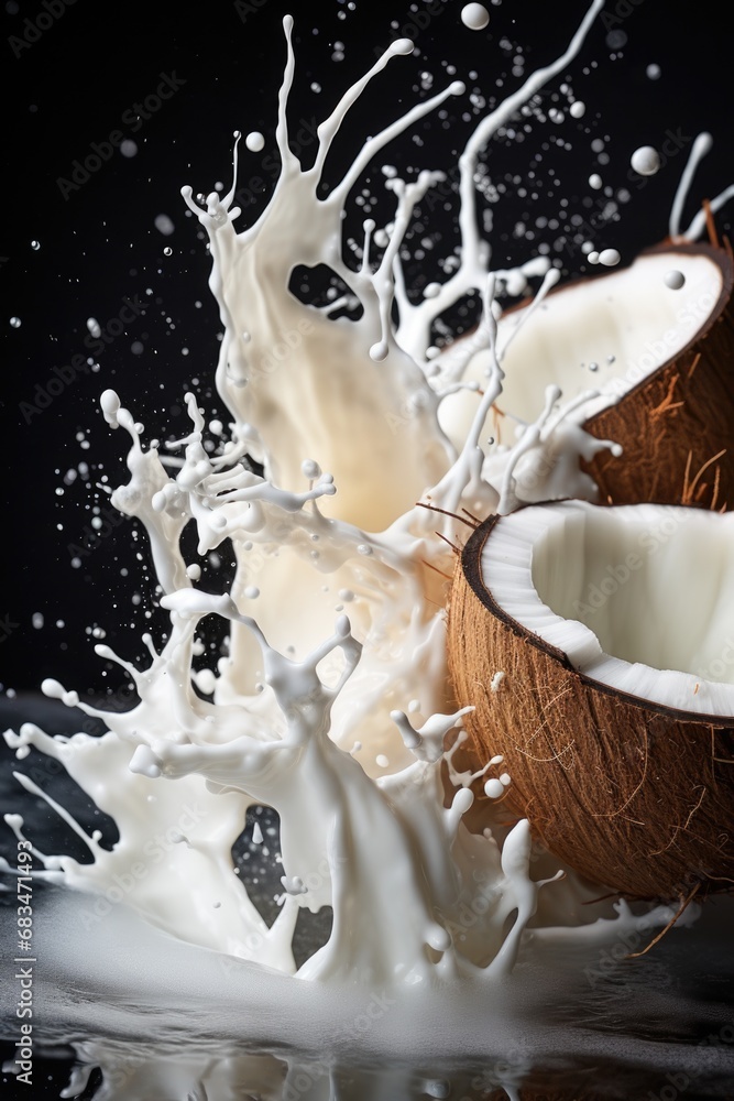 Poster A captivating image capturing the moment when milk splashes out of a coconut.