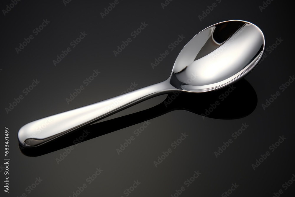 Poster a silver spoon with a sleek handle resting on a smooth black surface. this versatile image can be us