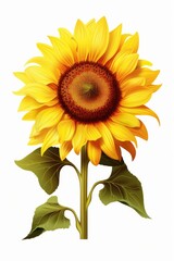 A vibrant yellow sunflower with green leaves against a clean white background. Perfect for adding a pop of color to any design or project
