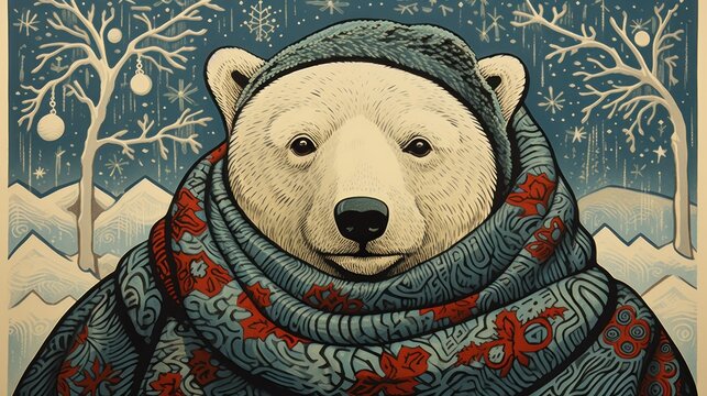 a painting of a polar bear wearing a scarf and a scarf around his neck with snowflakes on the trees in the background.