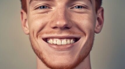 Naklejka premium In a studio setting, a man beams with joy, revealing his perfect teeth against a clear beige backdrop.