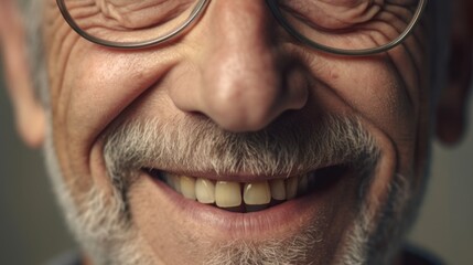 Fototapeta premium Against a clear beige backdrop, a man smiles brightly, revealing flawless white teeth.