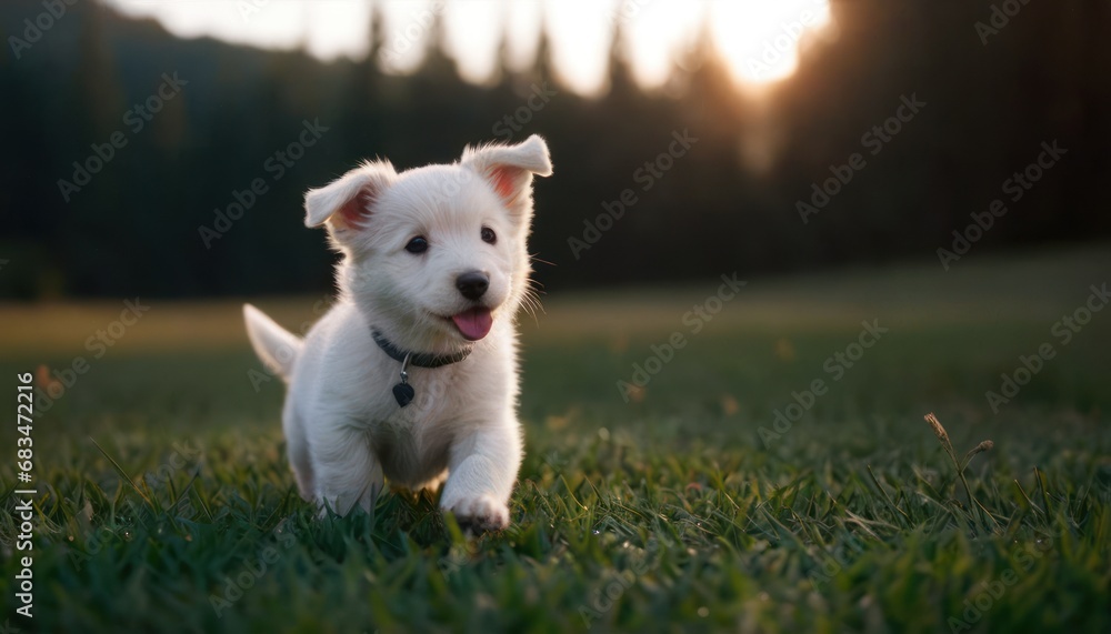 Poster a small white puppy running through a field of grass with the sun setting in the background and tree