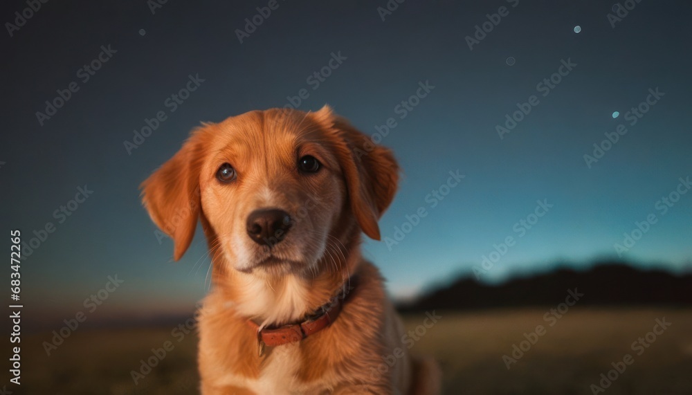 Poster a close up of a dog in a field with the moon in the sky in the background and the grass in the foreg