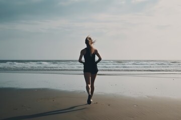 Young woman, veiw from the back, jogging along the sand beach, enjoying a refreshing run by the sea or ocean. Fitness, sport and well-being concept.