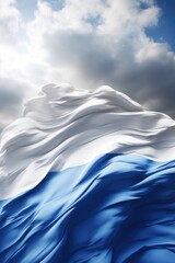 A picture of a large white and blue flag flying in the sky. This image can be used to represent patriotism, national pride, or celebrations.