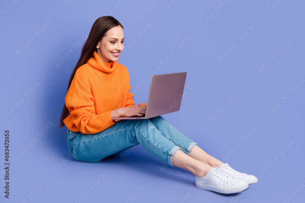 Sticker Full body photo of business lady netbook searching information using high productivity macbook pro air isolated on violet color background