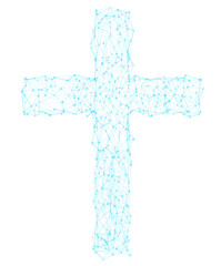 Elevate your spiritual visuals with a 3D illustration of a church cross-crusifix in a radiant hologram molecule style. Isolated on a transparent background, PNG.