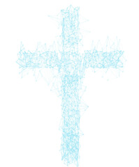 Enhance your religious designs with a 3D illustration featuring a church cross-crusifix in a glowing hologram molecule style. Isolated on a transparent background, PNG.