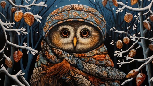  a painting of an owl wearing a hat and scarf in a snowy forest with leaves and snow on the ground.