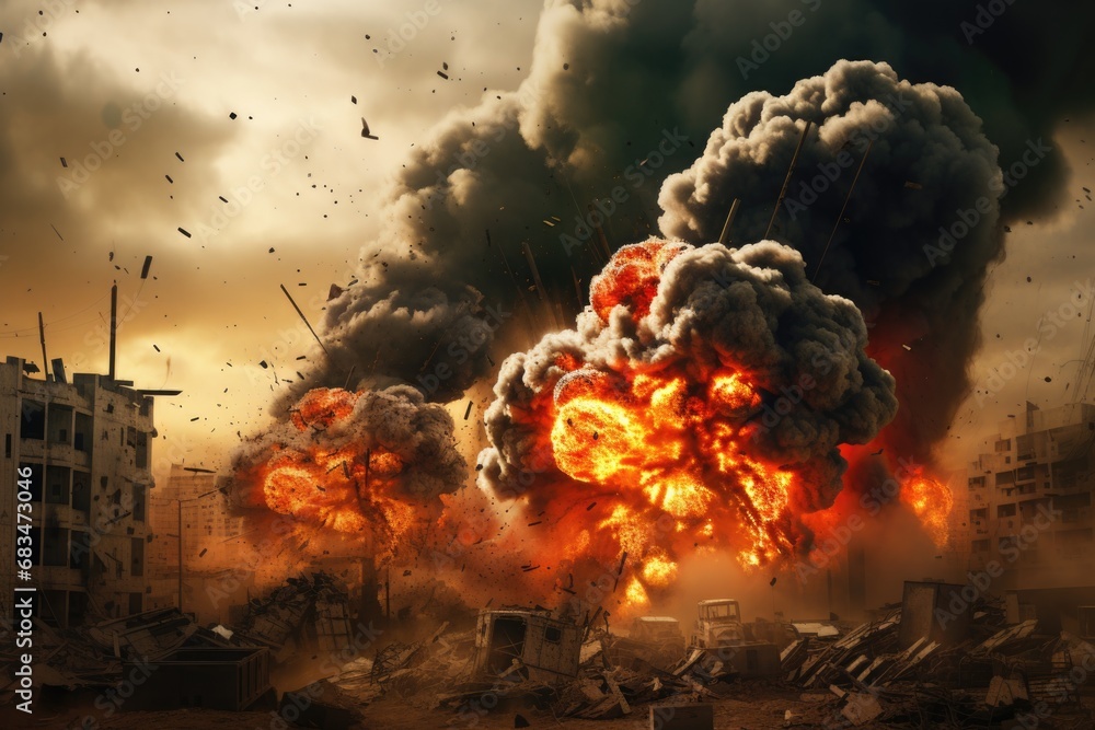 Poster a powerful explosion engulfs the city with billowing smoke and intense fire. this dramatic image cap