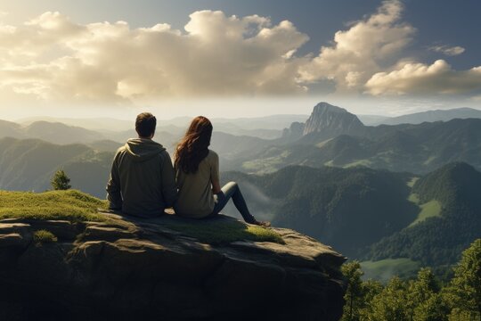 A picture of a man and a woman sitting together on top of a mountain. This image can be used to portray a couple enjoying a scenic view or as a symbol of adventure and exploration.