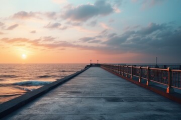 Fototapeta premium A picturesque pier with a beautiful sunset in the background. Ideal for travel, nature, or scenic concepts.