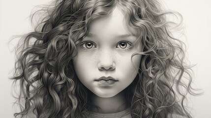 Naklejka premium a black and white photo of a young girl's face with frizzy hair and frizz on her face.