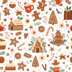 Christmas baking pattern with gingerbread houses, tree, cookies, candy cane. Sweet winter holidays dessert repeat background. Tasty vector illustration for wrapping paper, wallpaper, package design.