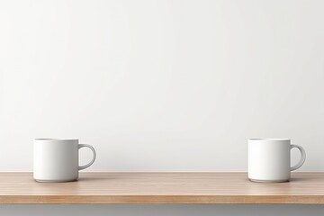 Fototapeta na wymiar Mockup White Wall, Coffee Cups On Empty Table