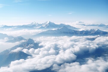 Fototapeta na wymiar Mountains Pierced Through The Fluffy White Clouds. Сoncept Enchanting Sunrise, Serene Reflections, Majestic Peaks, Heavenly Skies