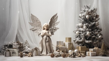 Fototapeta premium a statue of an angel surrounded by presents and a christmas tree in front of a curtained window with a christmas tree in the background.