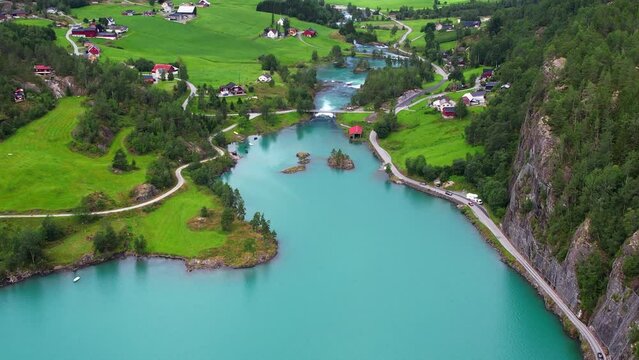 Aerial view above the fjord and lake of Lovatnet near Loen Norway