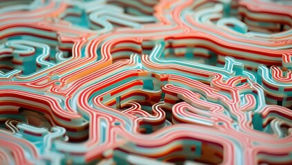 Abstract maze topography with 3D red and blue contours, perfect for conceptual and analytical visuals.